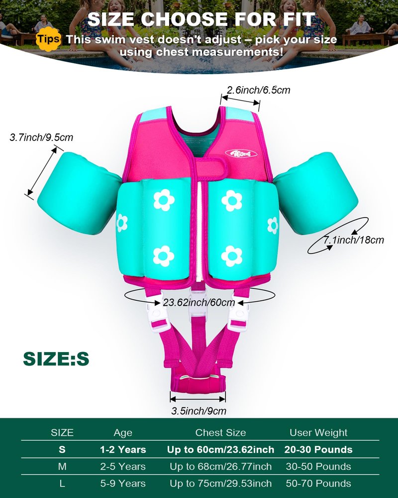 AEOCOO Kids Pool Floaties 1-2-3-5-7-9 Years Old, Toddler Swim Vest 20-30-50-70 Pounds, Comfortable Extended Wear Kids Float Jacket with Crotch Strap, Bright Design and Unpadded Sides, Pink