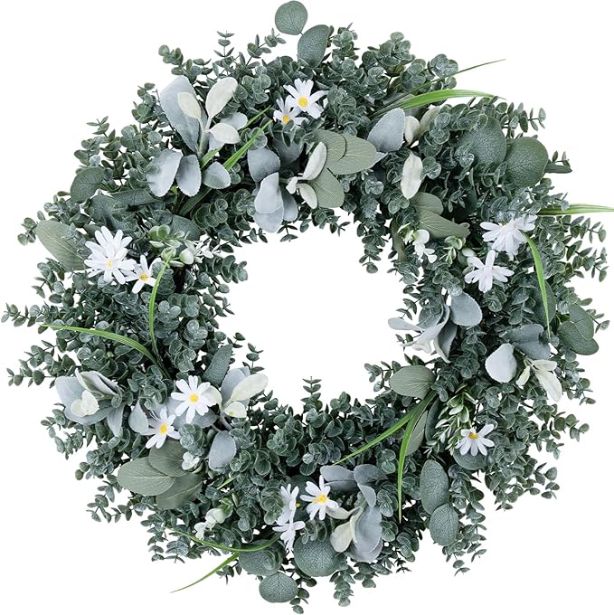 Door Wreath Green Eucalyptus for Front Door Wreaths Spring Summer Wreath 26 Inch Artificial Leaves Wreaths for All Season Home Farmhouse Porch Year Round Outdoor Wall Decorating,24 Inch