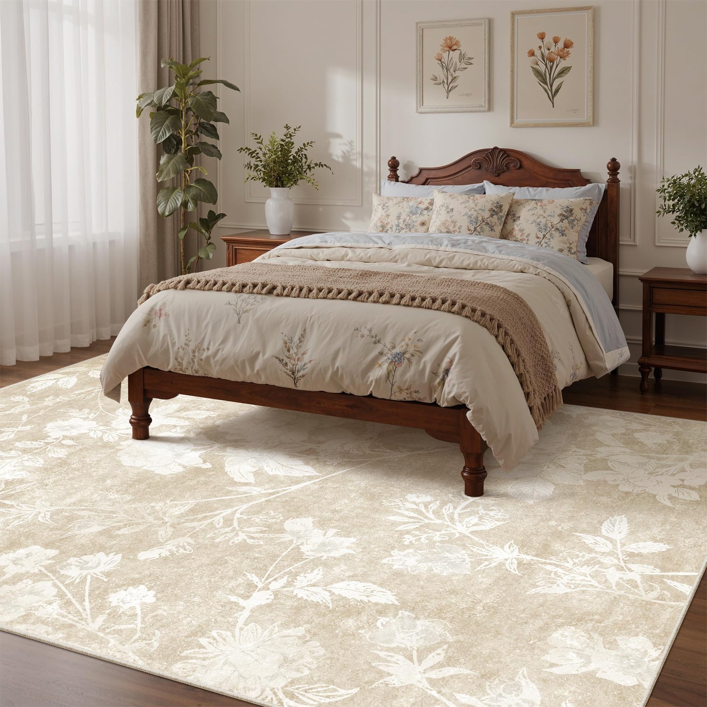 Soalmost Floral Washable Rugs 6x9 for Living Room, Oriental Flower Neutral Area Rug with Soft Low-Pile Non-Slip Thin Throw Carpet for Bedroom Farmhouse Dining Room Nursery Home Office (6'x9',Beige)