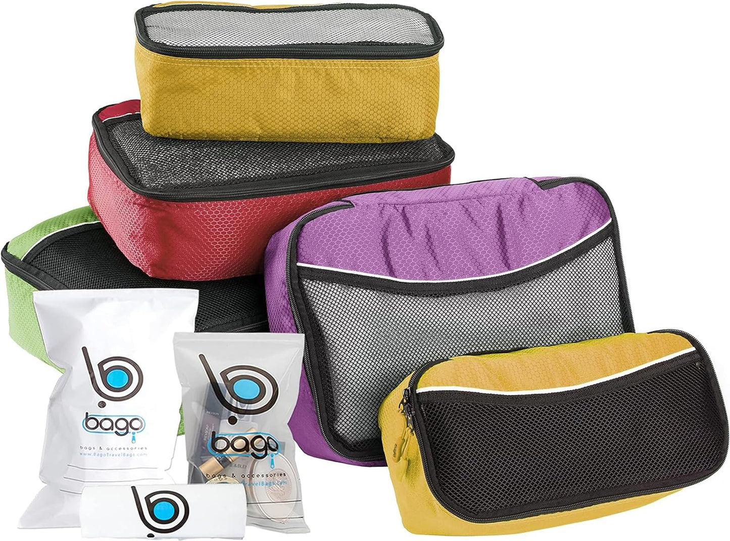 bago 8 Pcs Packing Cubes For Travel - 5 Packing Cube with 3 ZipLock Bags - Travel Cubes to Get Maximum Storage, Save Time & Effort to Pack - Happy Traveling (GreenRedPurpleYellow)