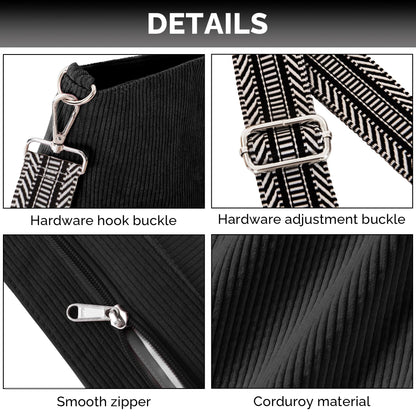 Prite Corduroy Tote Bag for Women with Zipper Large Capacity Shoulder Bags with Adjustable Strap and Pockets Waterproof Handbag for Work School Shopping Travel College (Black)