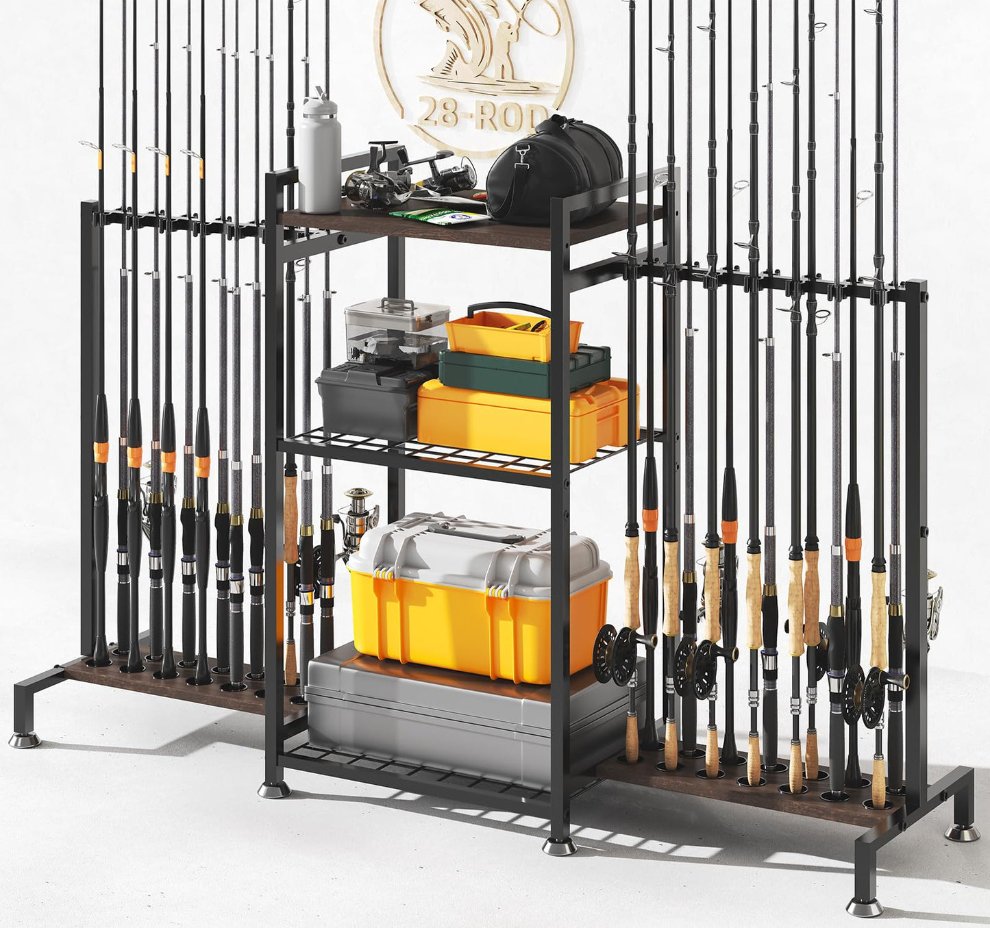 SOYEEZE Fishing Rod Holder for 28 Rods, Ground Stand Fishing Pole Holders for Garage, 3-Sided Vertical Fish Rod Rack for Tackle Box, Fishing Supplies,a Display Fish Gear Storage Gift for Man