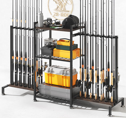 SOYEEZE Fishing Rod Holder for 28 Rods, Ground Stand Fishing Pole Holders for Garage, 3-Sided Vertical Fish Rod Rack for Tackle Box, Fishing Supplies,a Display Fish Gear Storage Gift for Man