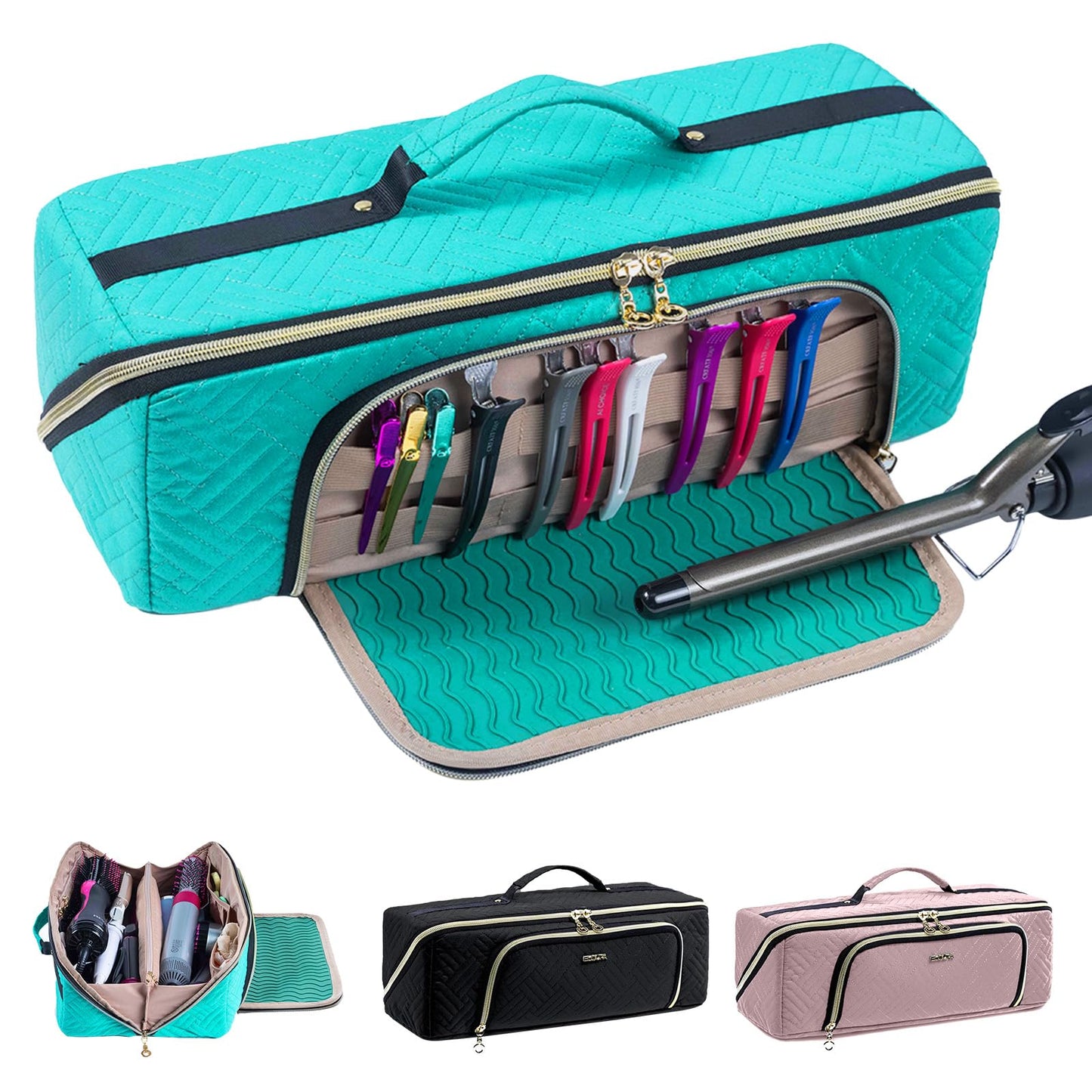 Large Hair Tools Travel Bag with Iron Mat - 2in1 Hair Tools Organizer for Hair Dryer Brush, Flat Irons, Straighteners, Curling Irons, Hair Bag, Makeup Bag, Cosmetic Bag for Travel Essentials