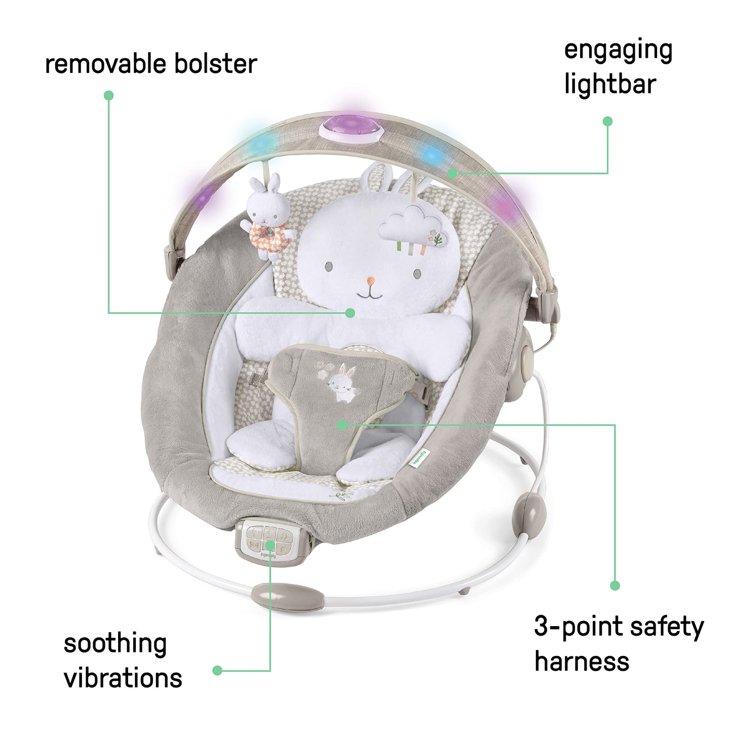 Ingenuity InLighten Baby Bouncer Infant Seat with Light Up -Toy Bar, Vibrations, Tummy Time Pillow & Sounds, 0-6 Months Up to 20 lbs (Twinkle Tails Bunny)