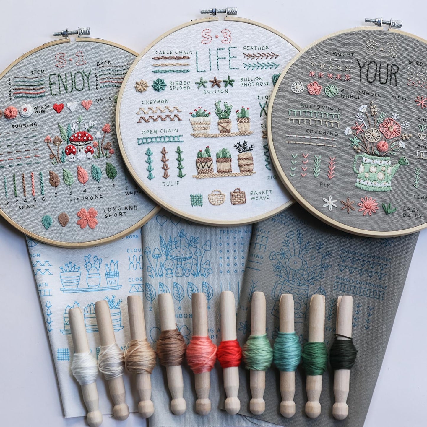 ETSPIL Embroidery Kit for Beginners & Adult, 3-Pack 33-Stitch Floral Samplers, Pre-Stamped Designs, 7.8-Inch Hoop, Threads, Needles, Storage Bag, Guide & Video, DIY Craft Gift for Women
