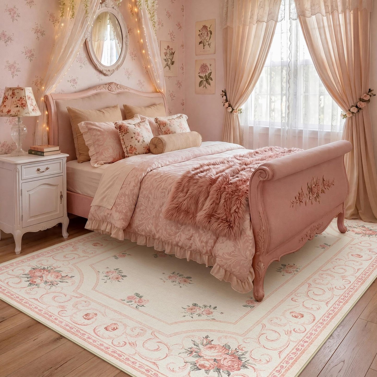 Tribesigns Boho Floral Pink 8 x 10 Area Rug for Girls Bedroom, Soft Washable Nursery Living Room Rugs, Border Large Non-Slip Low Pile French Carpet for Dorm Kids Dining Playroom, Beige/8x10