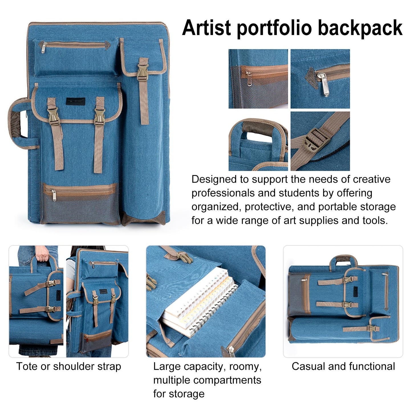 Transon Art Portfolio Case Artist Backpack Canvas Bag Large 26” x 19.5” Turquoise Green