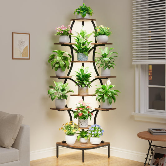LATIBELL 72'' Tall Corner Plant Stand Indoor with Grow Light - 11 Tiered Metal Plant Shelf for Indoor Plants, Curved Display Rack Capable of Holding Large Pots in Living Room, Patio & Balcony, Black