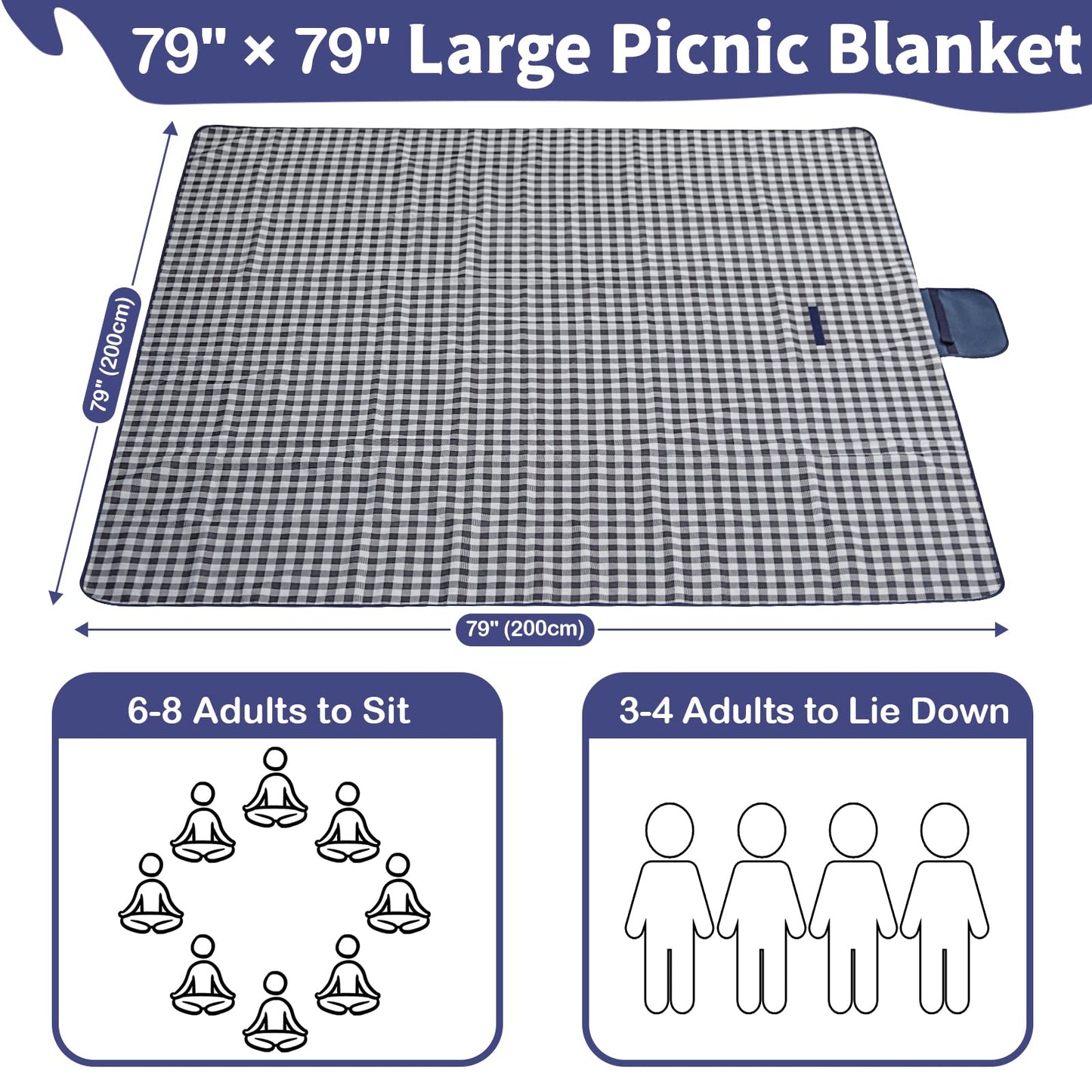Habaylin Picnic Blanket Waterproof, Extra Large Picnic Mat 200 X 200 cm, Camping Beach Blanket Washable Foldable, Camping Accessories for Outdoor Activities (Dark Blue)
