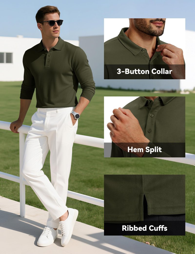 MAGCOMSEN Long Sleeve Polo Shirts for Men Moisture Wicking Golf Polos Business Casual Lightweight Work Collared Shirt Men ArmyGreen