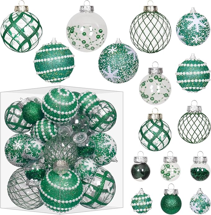 Super Holiday Christmas Ball Ornaments, 33PCS Green Clear Shatterproof Plastic Foam Ornaments Set for Hanging Xmas Tree Holiday Thanksgiving Party Decor.