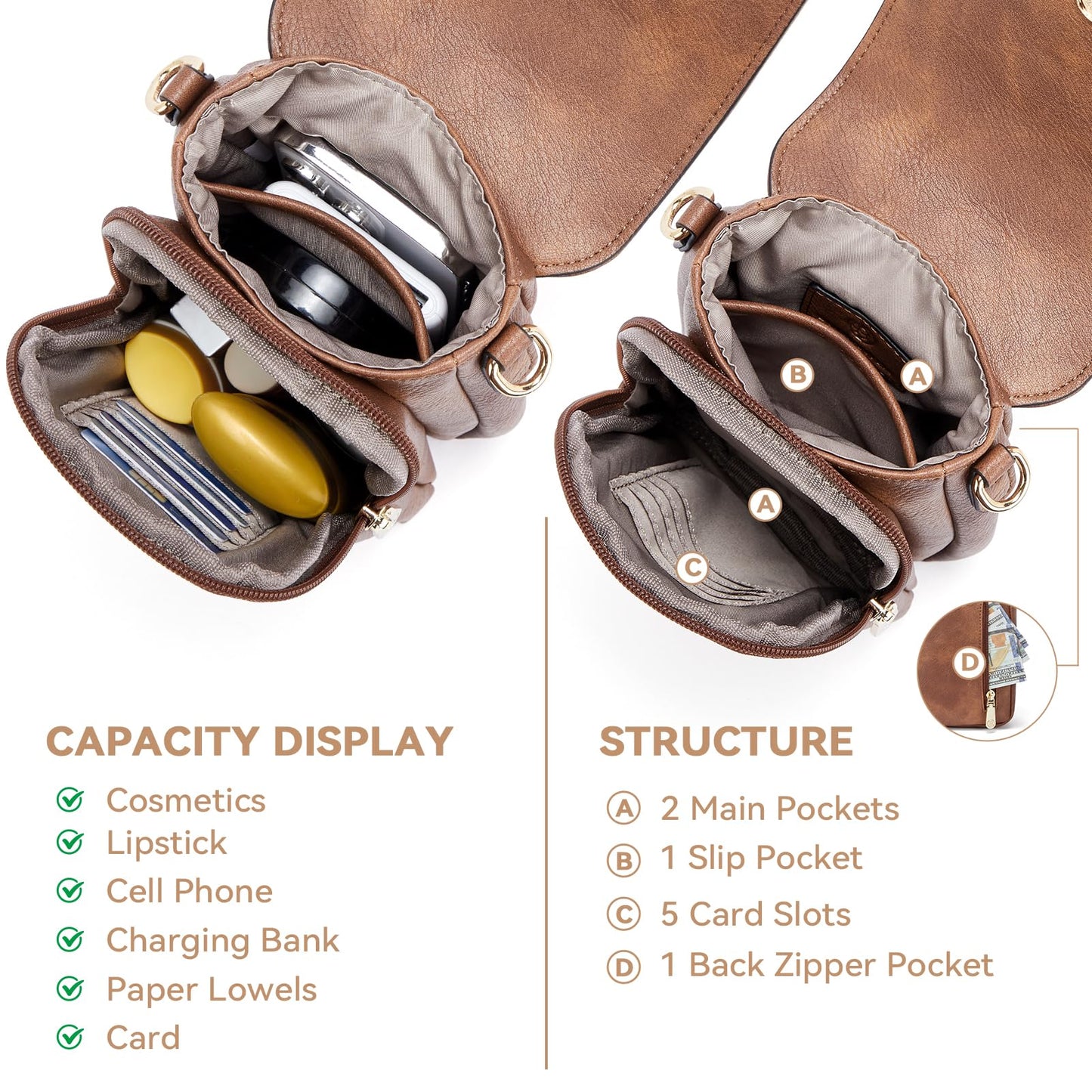 BOSTANTEN Small Crossbody Bags for Women Cell Phone Purse Leather Wallet Handbags with Card Slots Brown