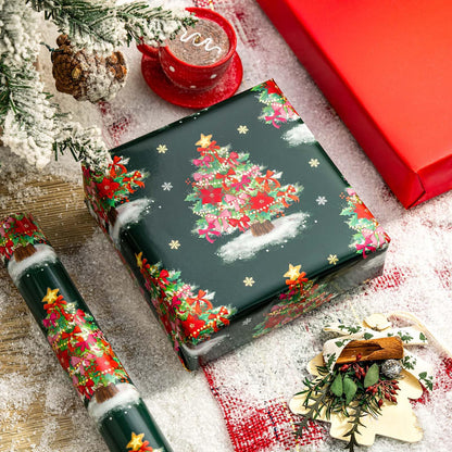 Burymento Christmas Wrapping Paper, Reversible Green Christmas Tree with Red Bow Design Gift Wrapping Paper Suitable for Holiday, Mini Roll (17 Inch X 32.8 Feet)