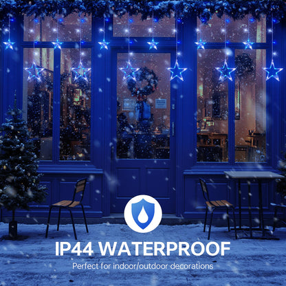 MYGOTO 126L Blue White Christmas Star Icicle Lights, 8.2FT Clear Curtain Fairy String with Connectable, Timer 8 Modes Memory, Waterproof Hanging for Eaves, Party, Wedding Indoor Outdoor Decorations
