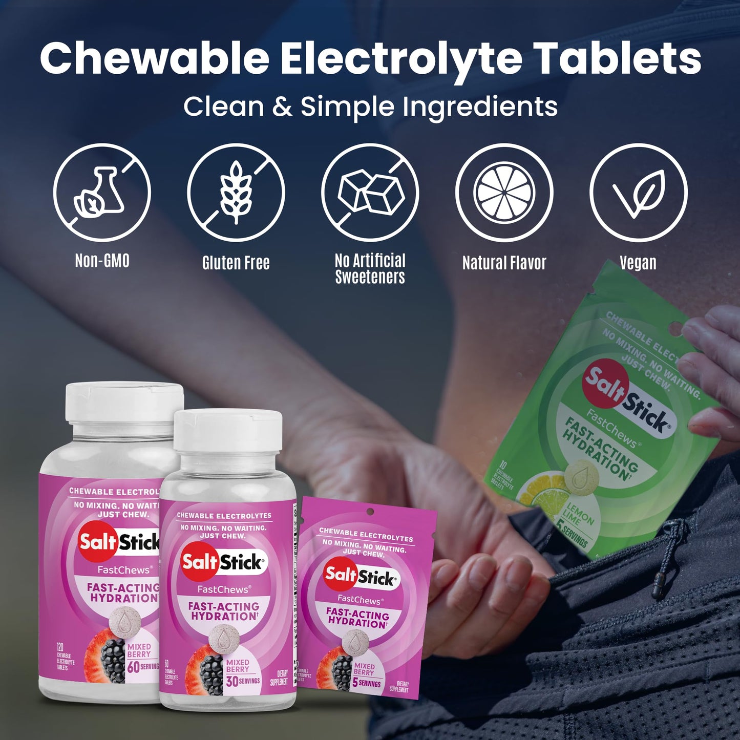 SaltStick FastChews Electrolytes - 60 Chewable Electrolyte Tablets - Salt Tablets for Running, Fast Hydration, Leg Cramps Relief, Sports Recovery - Non-GMO, Vegan, Gluten Free (Mixed Berry)