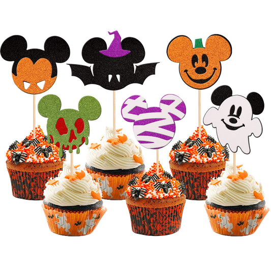 36 PCS Mini Mouse Inspired Halloween Cupcake Toppers Glitter Witch Hat Bat Zombie Mummy Ghost Spooky Cupcake Picks for Halloween Mini Theme Baby Shower Birthday Party Cake Decorations Supplies
