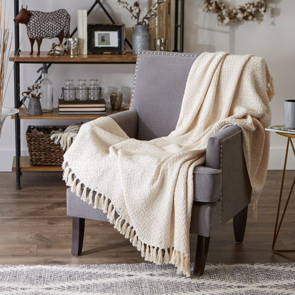 DII Modern Zig Zag Throw Blanket Woven Cotton, Hand-Knotted 2.5" Fringe, 50x60, Natural