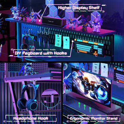 Armocity Gaming Computer Desk with Shelves and Outlets, Gaming Desk with Hutch and LED Lights, Reversible PC Gaming Desks with Pegboard, Carbon Fiber Black 47''