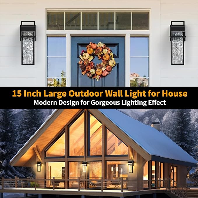 15'' Outdoor Wall Lights 2 Packs, Modern Porch Light 3000K Integrated LED Outdoor Sconce, Exterior Lighting Fixtures with Rippled Glass, Waterproof Outside Lights for House Garage Patio, Black