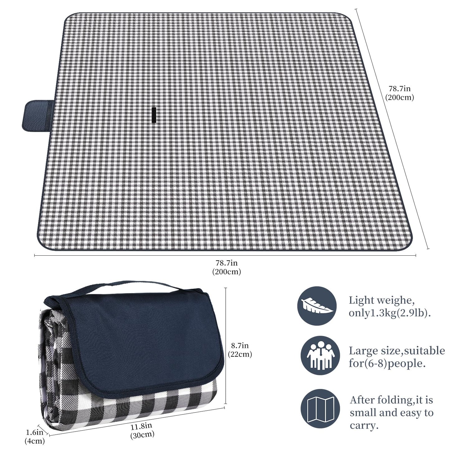 GUSUWU Picnic Blanket Waterproof Beach Rug 80''x80'' Picnic Mat Washable Lightweight with Handle Navy Blue Checkered for Hiking Travelling Outdoor Camping,Parks