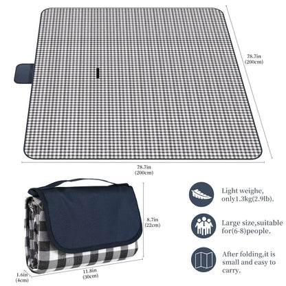GUSUWU Picnic Blanket Waterproof Beach Rug 80''x80'' Picnic Mat Washable Lightweight with Handle Navy Blue Checkered for Hiking Travelling Outdoor Camping,Parks