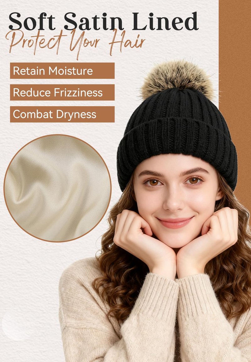 Zando Black Winter Satin Lined Beanie Hats for Women - Cute Pom Pom Beanie, Warm Winter Hat with Hair Protection, Thick Knit Beanies, Fashionable Stocking Cap for Outdoor Travel Daily Wear One Size
