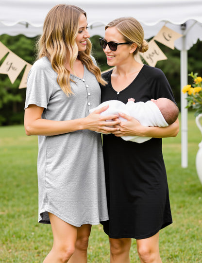 Uniexcosm Women's Maternity Nightdress Button Breastfeeding Nightwear Soft Nursing Nightgown for Pregnancy Short Sleeve Maternity Pyjamas Loungewear Black