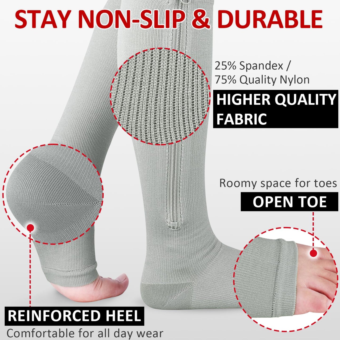 Ailaka 3 Pairs Compression Socks with Zipper, 15-20 mmHg Medical Knee High Compression Socks for Men Women, Open Toe Socks for Varicose Veins, Edema, Recovery