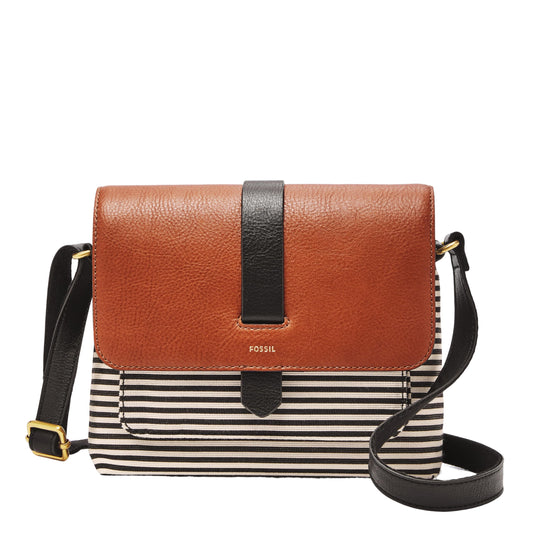 Fossil Women's Kinley Leather & Fabric Small Crossbody Purse Handbag, Black Stripe (Model: ZB7226080)