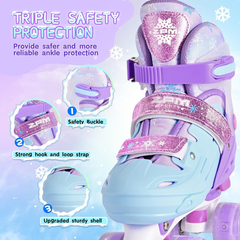 2PM SPORTS Kids Roller Skates Girls Ages 5-8 8-12 3-5 4-6 6-12 with Light Up Wheels, Outdoor Indoor Rollerskates for Girls Toddler Youth Beginner Size 10C 11C 12C 13C 1 2 3 4 5 6 Purple Snowflakes