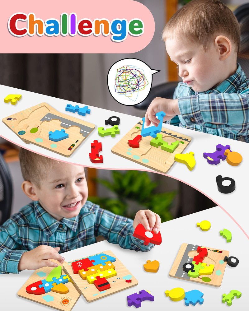 Yetonamr Wooden Toddler Puzzles Gifts Toys for 1 2 3 Years Old Boys Girls, 6 Vehicle Shape Montessori Toys Educational Blocks Kids Toys Gift Baby Learning Toy Age 1-3, 2-4