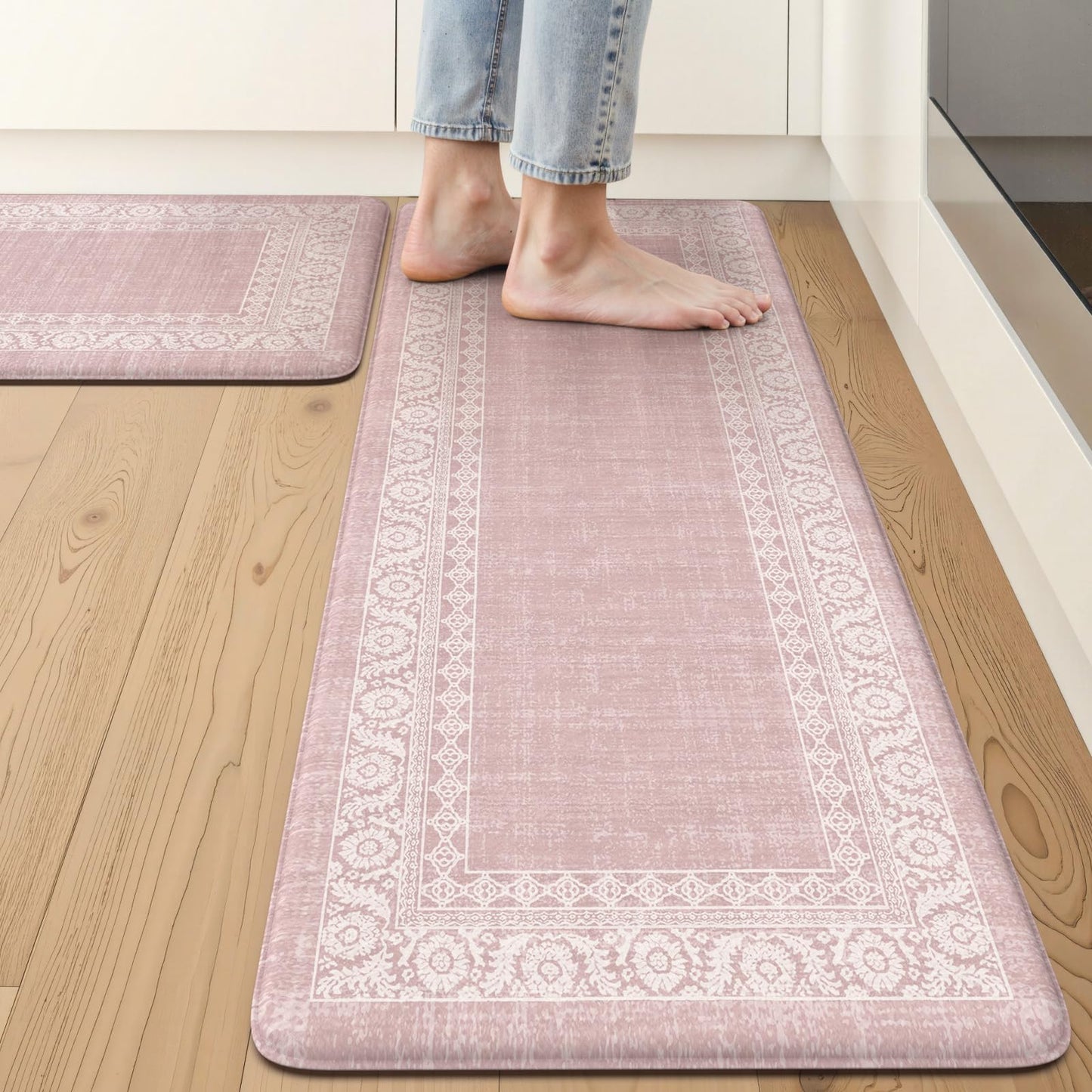 LEEVAN Pink Kitchen Mat Sets of 2,Anti Fatigue Cushioned Memory Foam Kitchen Mats for Floor,Farmhouse Ergonomic Waterproof Cute Boho Kitchen Floor Mat,Sink,Laundry,Home,Office(17''x29''+17''x47'')
