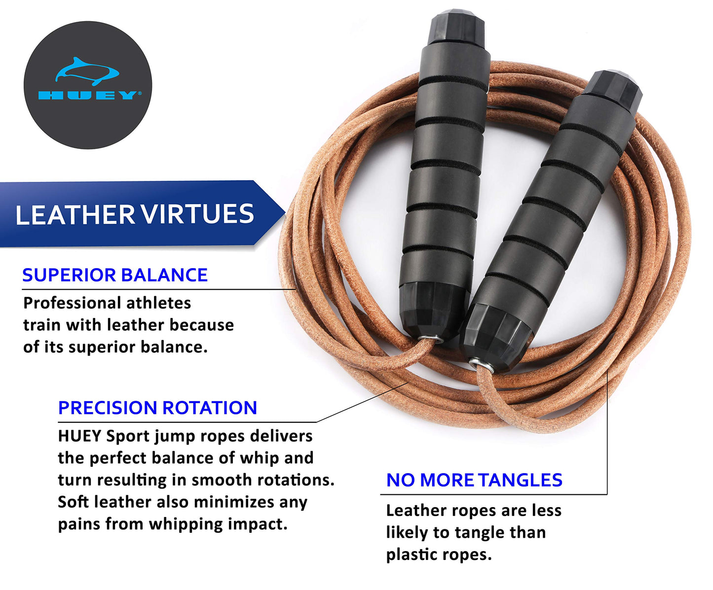 HUEY Sport Weighted 1lb Leather Jump Rope Adjustable Skipping Rope for Speed Quiet Training Boxing MMA Cardio Crossfit Fitness Workout Indoor and Outside Exercise for Beginner Kids Men and Women
