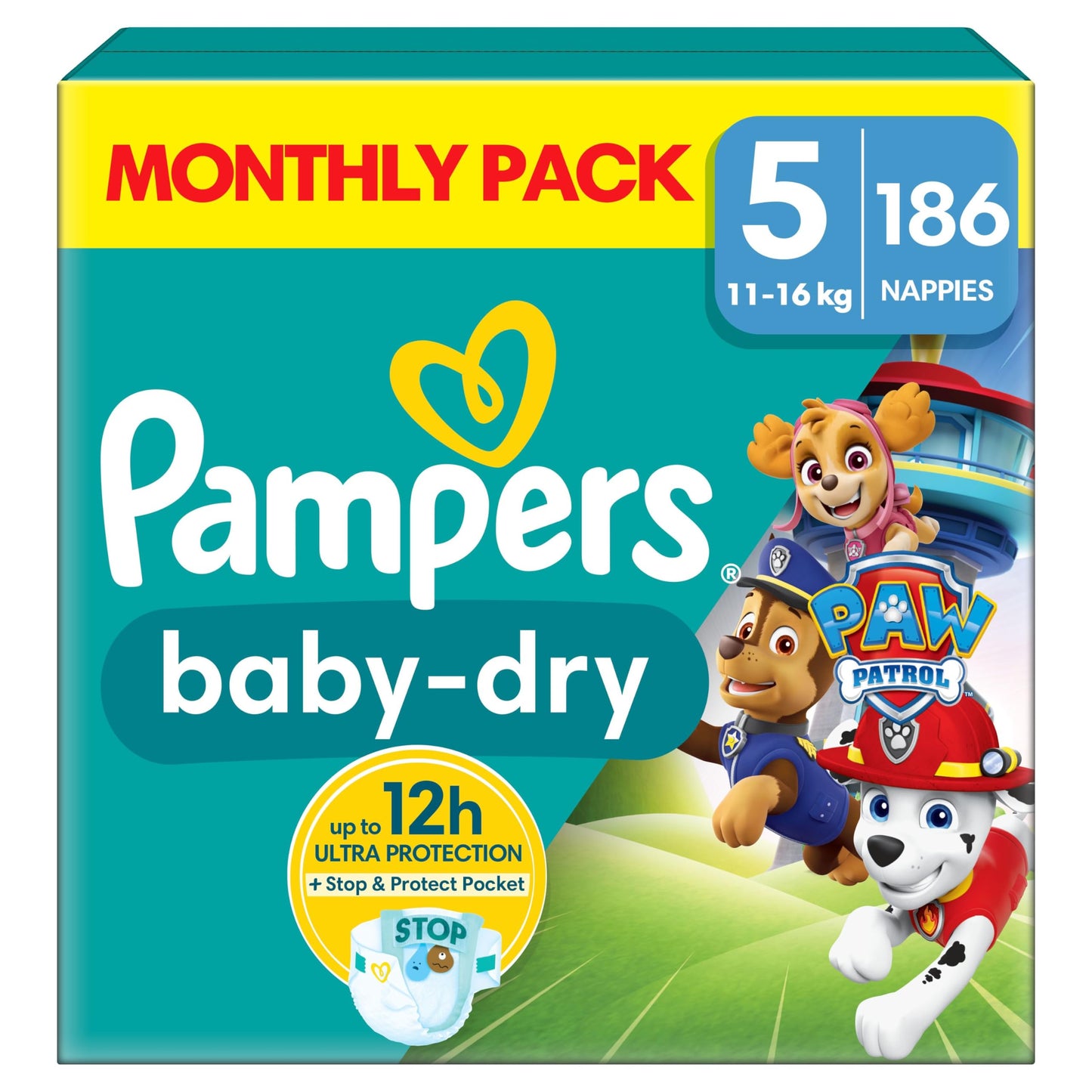 Pampers Baby-Dry Paw Patrol Edition Size 5, 186 Nappies, 11kg - 16kg, Monthly Pack, with A Stop & Protect Pocket to Help Prevent Leaks at The Back