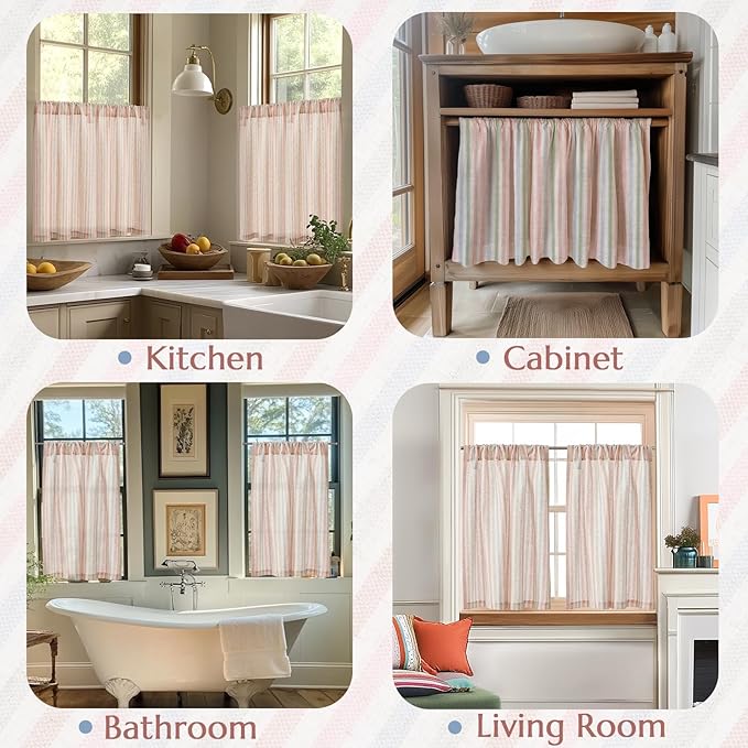 jinchan Striped Linen Kitchen Curtains 30 Inches Christmas Tier Curtains Farmhouse Modern Cafe Style Small Window Treatments Airy Light Filtering Rod Pocket for Living Room Bathroom 2 Panels Candy