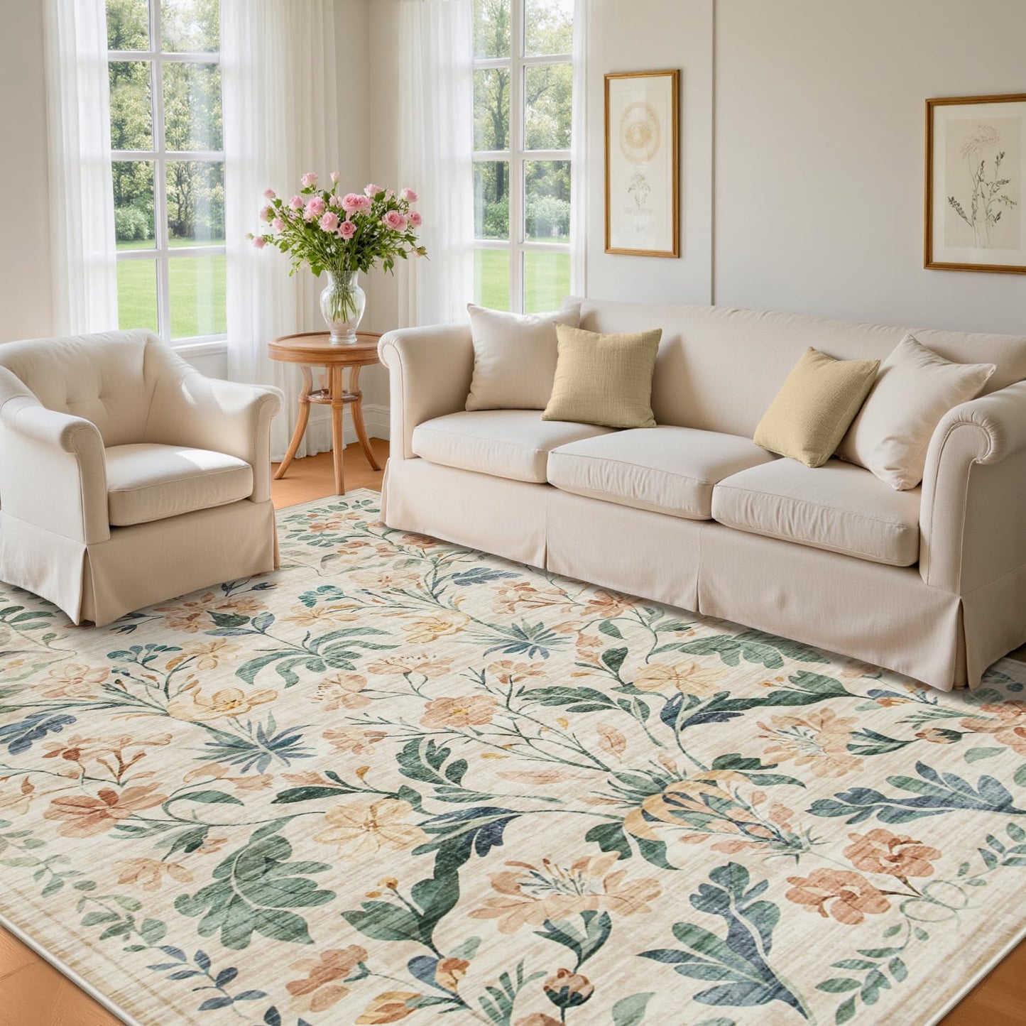 8x10 Area Rugs Washable Rug: Large Boho Living Room Rug Soft Non-Slip Low Pile Carpet Indoor Floor Non-Shedding Neutral Floral Carpets for Bedroom Dining Room Farmhouse Nursery Beige