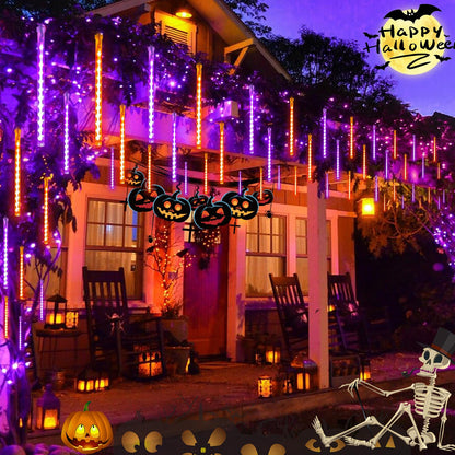 Halloween Lights Outdoor, 2 Pack Extendable Meteor Shower Lights Outdoor Waterproof with Timer, Total 384 LED 30cm 16 Tubes Cascading String Light Plug in for Halloween Yard Party (Orange and Purple)