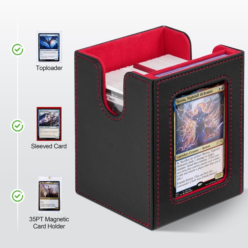 ZLCA Card Deck Box with Commander window Display, MTG Deck Box with Dice Tray Holds 200+ Double-Sleered Cards,Card Storage Case fit for YuGiOh,MTG,Sport (Black&Red)