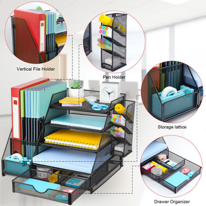 GALASALA Mesh Desk Organizer, 5 Tier Paper Letter Tray with Extra Vertical File Sorter, Sliding Drawer and Pen Holders for Desk Accessories Office Supplies, Black