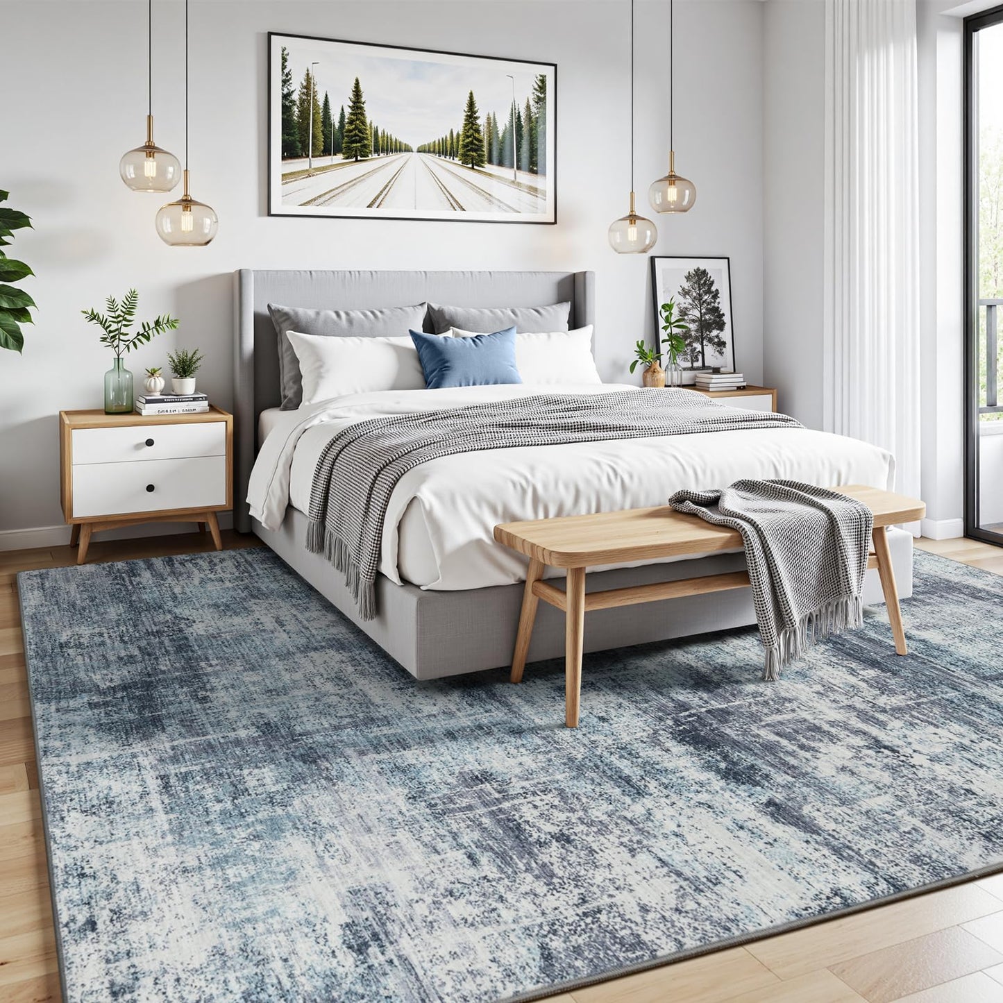 Lofus 9x12 Area Rug for Living Room, Blue Abstract Large Rugs with Non-Slip Backing, Neutral Modern Washable Carpet for Bedroom Dining Room Home Office Nursery Indoor