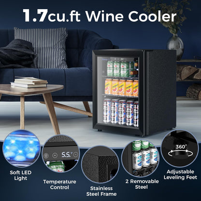 Electactic 68 Cans Beverage Refrigerator Cooler, 1.7 cu.ft Mini Fridge Glass Door Drink Cooler for Beer, Soda,Wine, Digital Temperature Control for Home Office Bar