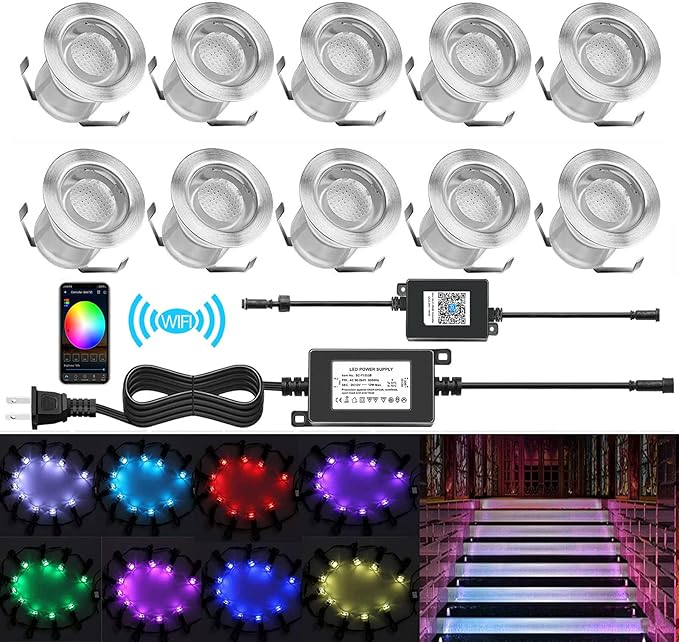 WiFi Controlled LED Deck Lights Multi Color Outdoor IP67 Waterproof Φ1.18 Low Voltage In-Ground Lights,Smart Phone APP Controlled,Compatible with Alexa Echo and Google Home,10 Pack