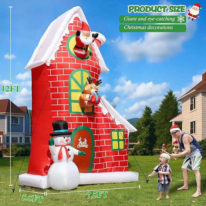 12FT Christmas Inflatable Outdoor Decoration, Huge Christmas Castle with Santa Snowman and Reindeer with Built-in LED Lights, Giant Blow Up House with Chimney for Xmas Decor Lawn, Yard, Party