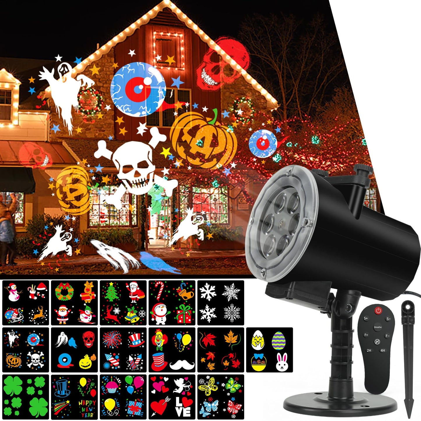 Christmas Halloween Lights Projector,Waterproof IP65 Indoor Motion Remote Control 10W LED Projector, 16 Slides Holiday Light Party Outdoor Garden House Apartment Kids Room Night Light