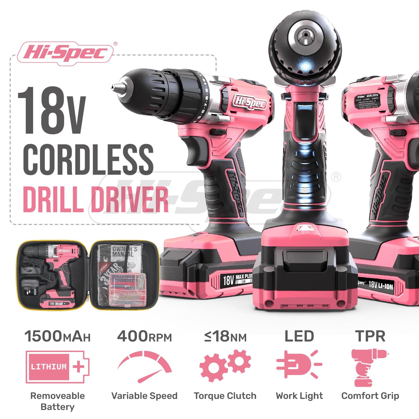 Hi-Spec 58pc 18V Pink Womens Electric Cordless Power Ladies Drill Driver Set with Rechargeable Battery, Power Screwdriver Bits, Wood and Metal Drill Bits. All in a Compact Case