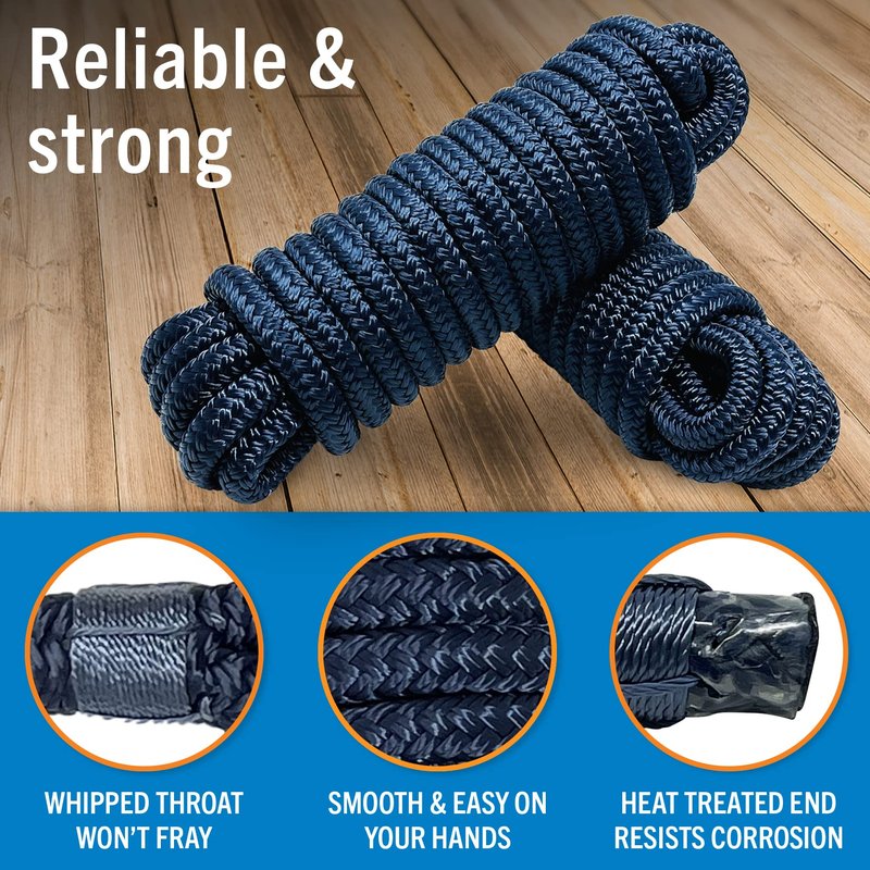 Dock Lines for Boats 1/2" x 25ft, 2 Pack Double Braided Nylon Boat Rope with 12" Loop, Marine Grade Mooring Line for Docking, Navy - Better Boat