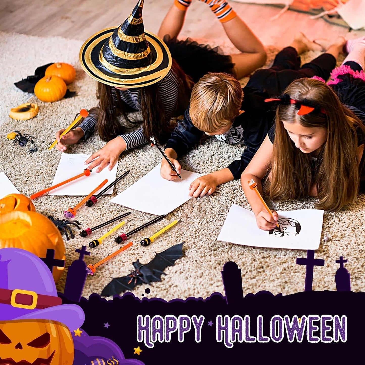 SANNIX 50 Pieces Halloween Pens, Fun Cartoon Pumpkin Ghost Skull Bat Gel Ink RollerBall Pens for Kids Gift School Class Birthday Party Supplies Halloween Party Favors
