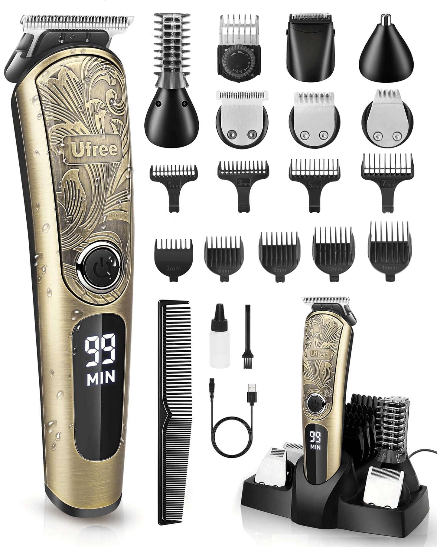 Ufree Gifts for Men, Beard Trimmer with Charging Stand, IPX7 Waterproof Electric Razor Shavers for Men, Clippers for Hair Cutting, Mens Grooming Kit for Mustache Nose Facial Body