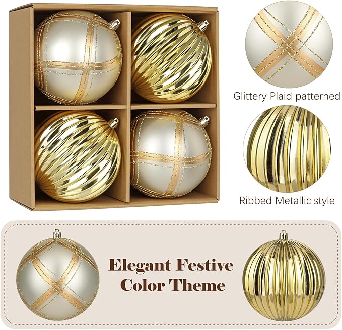 4.7" Large Plastic Christmas Balls Ornaments Set of 4, Glitter Shatterproof Christmas Bulbs Ornaments for Xmas Tree Decorations, Gold and Silver Ornament for Tree, Mantel, Winter, Holiday Party Decor